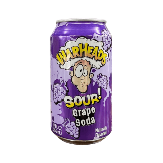 Bottle of Warheads Sour Grape Soda drink from Sweet Palace with vibrant purple label and carbonated beverage inside.