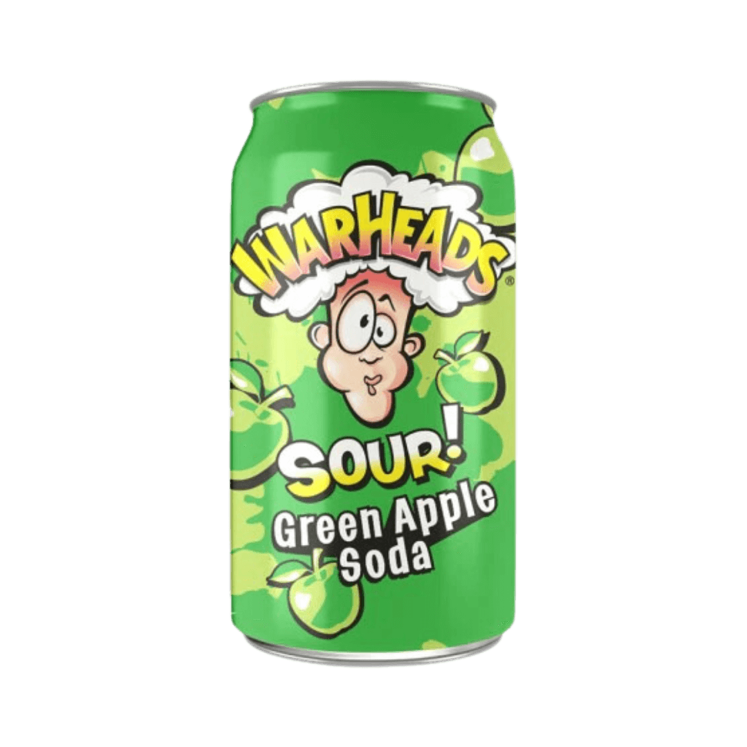 Sweet Palace Warheads Sour Green Apple Soda bottle with vibrant green label and colorful branding, showing the fizzy beverage inside.