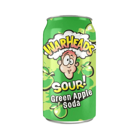 Bright green Warheads Sour Green Apple Soda bottle from Sweet Palace, showing the colorful label and bubbly fizzy drink inside.