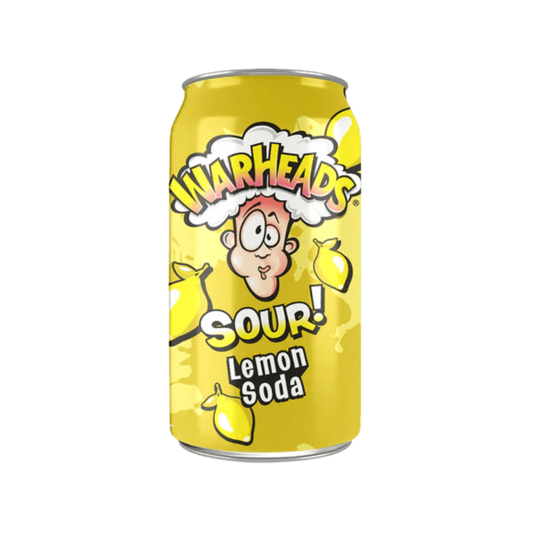 Sweet Palace Warheads Sour Lemon Soda drink in a clear glass bottle with lemon slices and vibrant yellow liquid inside.