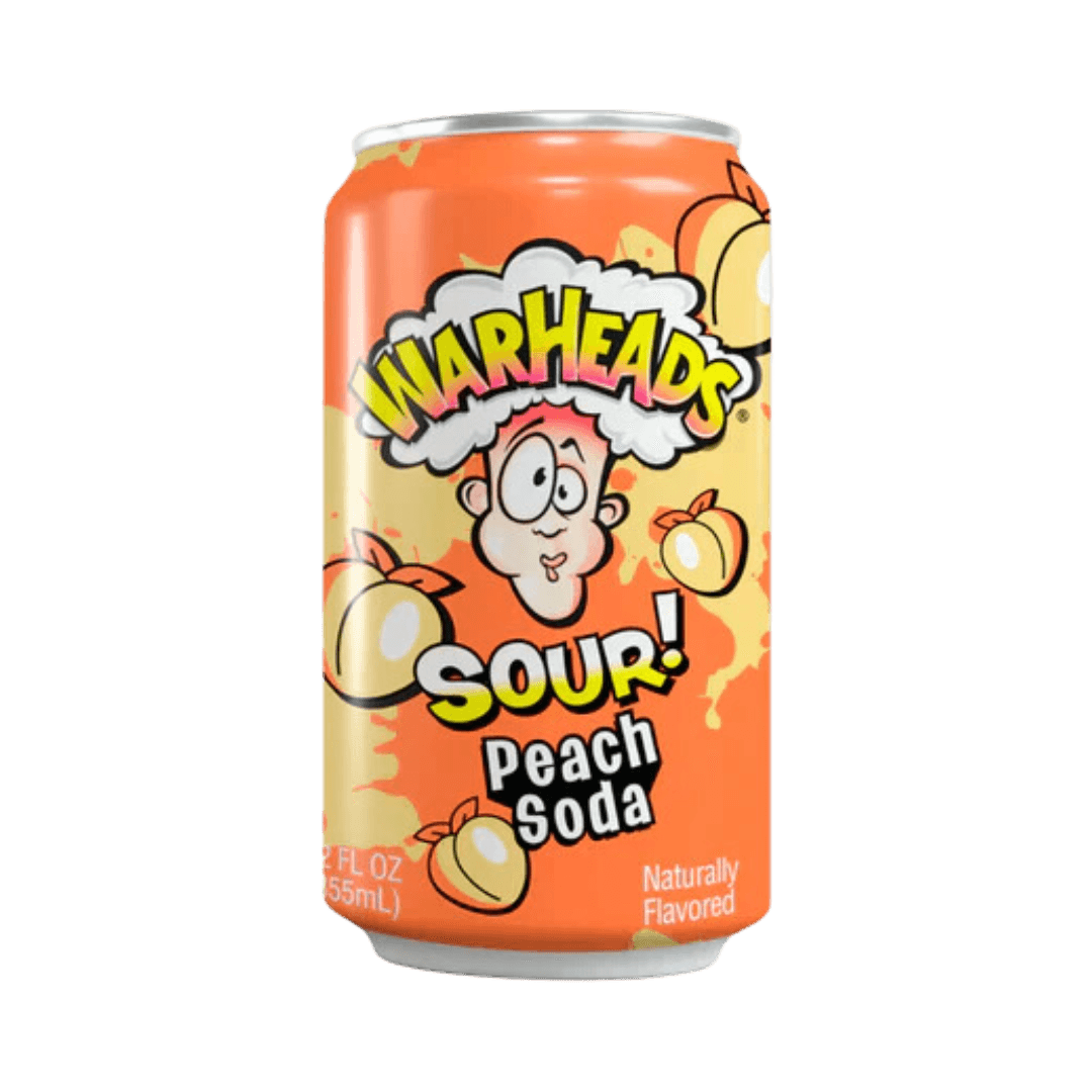 Sweet Palace Warheads Sour Peach Soda in a clear glass bottle with colorful label, showcasing the fizzy peach-flavored drink.