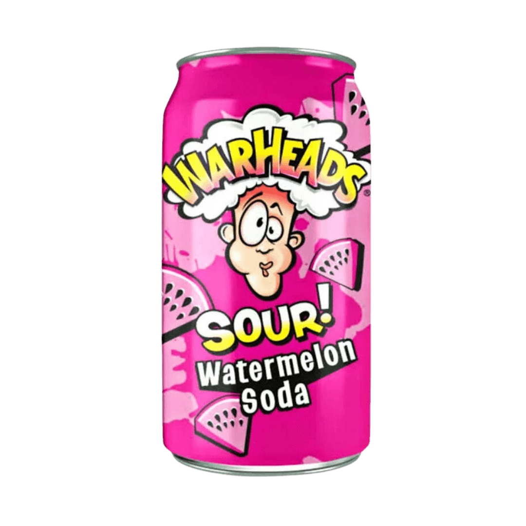 Sweet Palace Warheads Sour Watermelon Soda in a vibrant can, showing bright watermelon flavor and colorful branding.