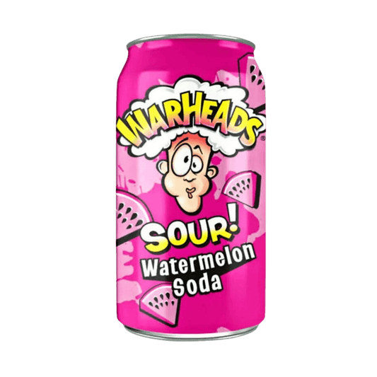 Bottle of Warheads Sour Watermelon Soda drink with colorful label from Sweet Palace, featuring watermelon flavor and sour citrus accents.
