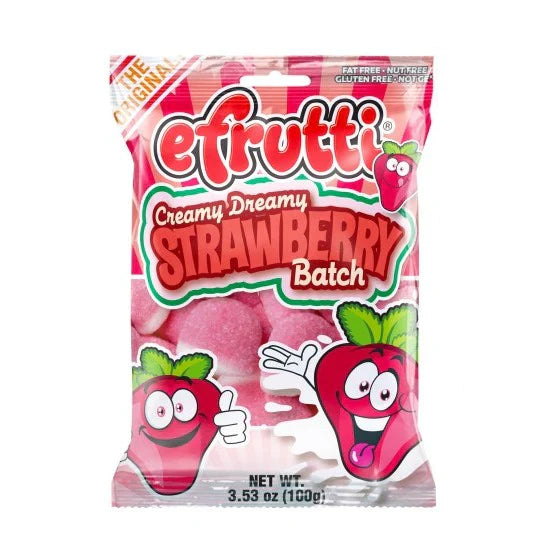 Efrutti Candies by Sweet Palace featuring a colorful batch of strawberry-flavored chewy candies in bright packaging