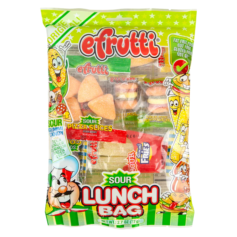Efrutti Strawberry Candies by Sweet Palace, colorful chewy candies with strawberry flavor in a close-up image.