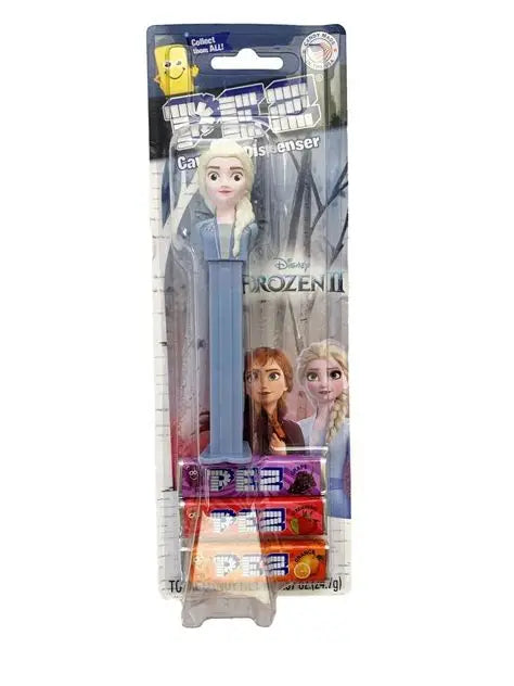 Frozen-themed PEZ dispenser featuring Elsa from Disney's Frozen, in clear packaging with colorful branding.