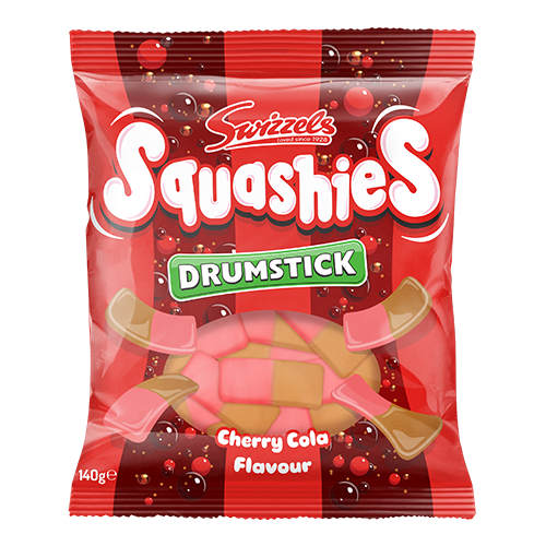Sweet Palace Freeze-Dried Raspberry Cream Squashies Drumsticks with colorful, textured candy pieces on a white background.