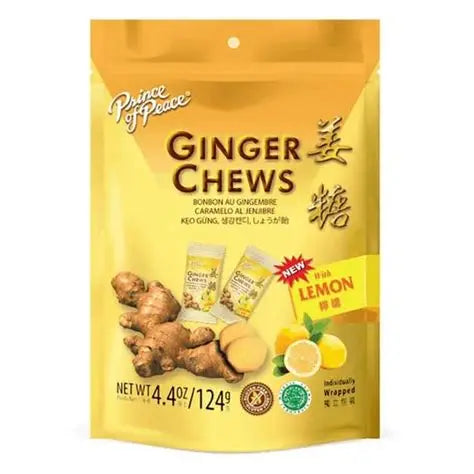 Sweet Palace Prince of Peace ginger chews in a clear package, showing individually wrapped chewy ginger candies.