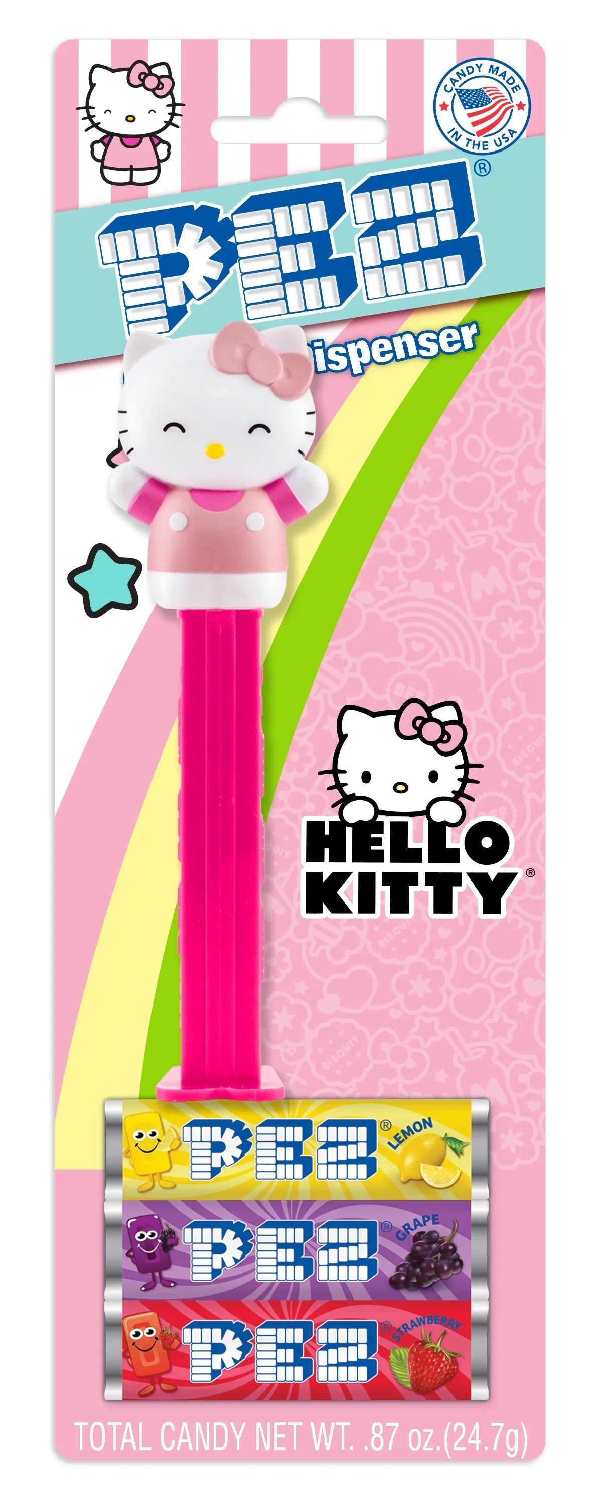 PEZ Hello Kitty candy dispenser with pink bow, featuring the iconic Hello Kitty face and character design from Sweet Palace.