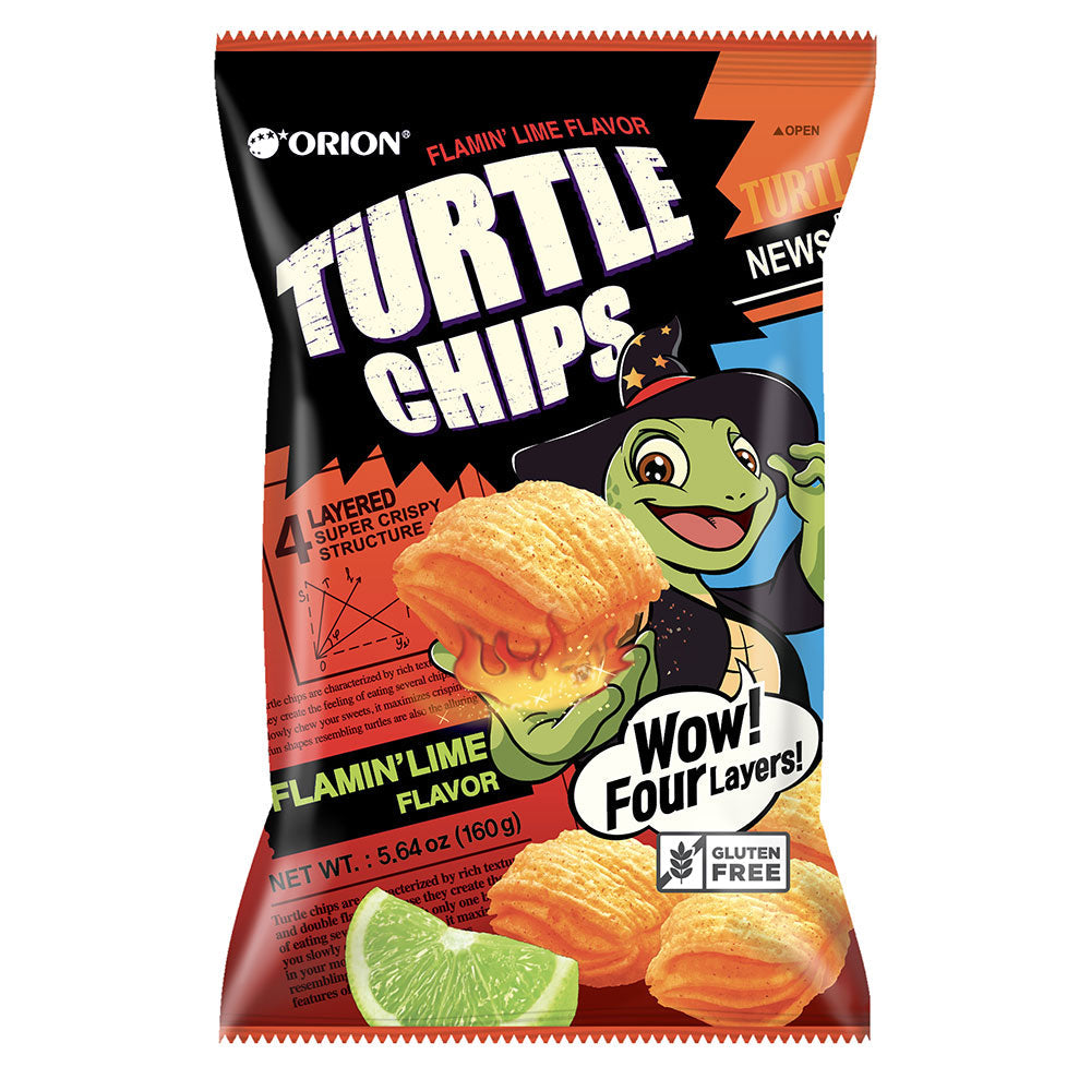 Big bag of Orion Turtle Chips by Sweet Palace, crunchy Korean fried snack in a colorful, resealable bag.
