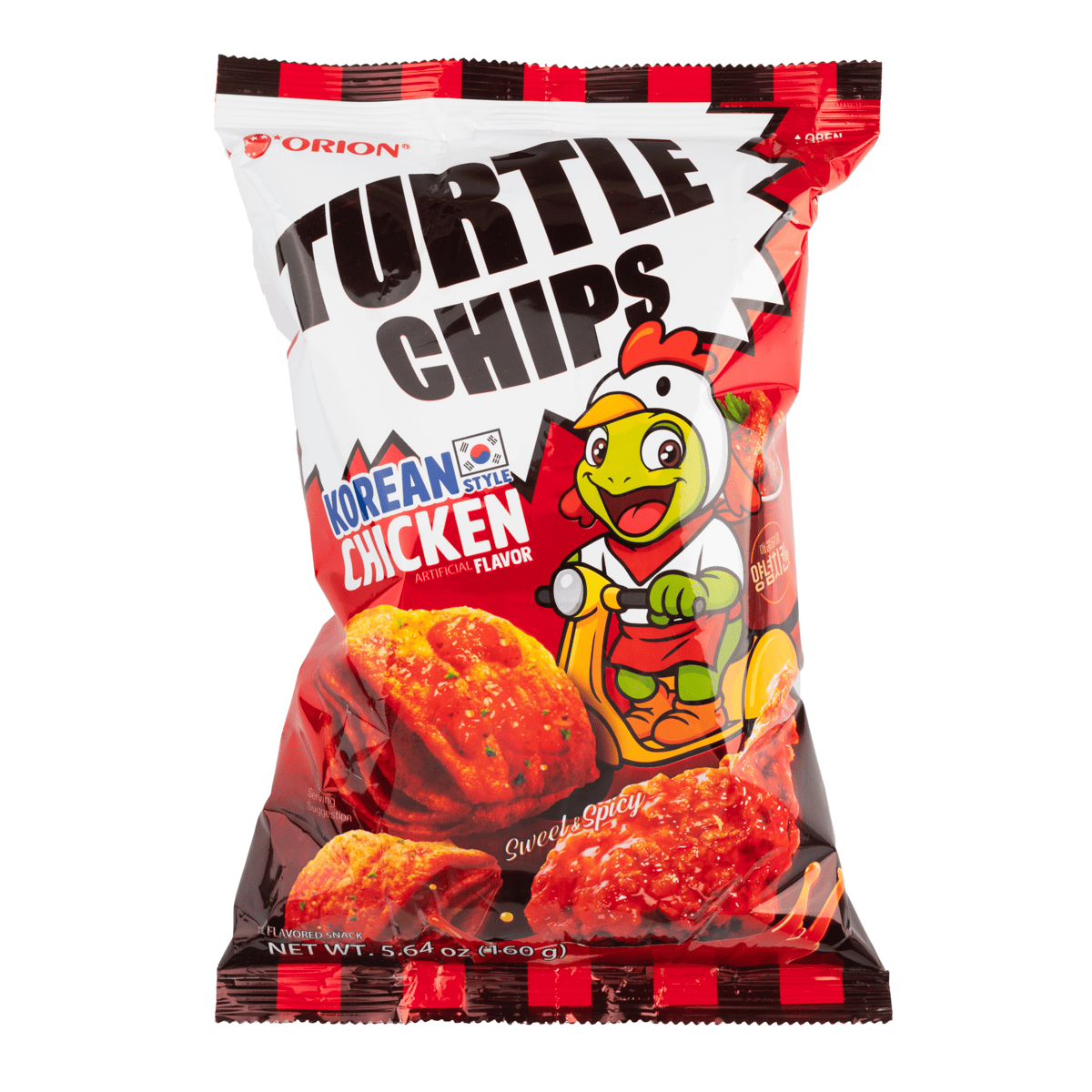 Big bag of Orion Turtle Chips by Sweet Palace, featuring crispy, golden Korean fried chicken flavored snack in a large, resealable package.