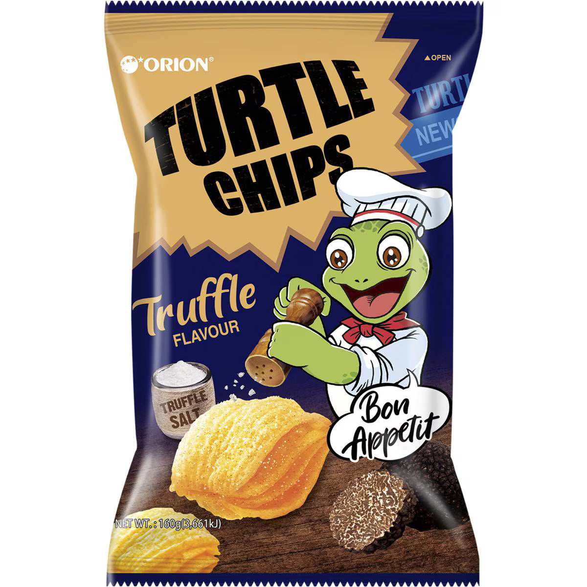 Big bag of Orion Turtle Chips from Sweet Palace, showing crispy, golden Korean snack chips in a colorful package.