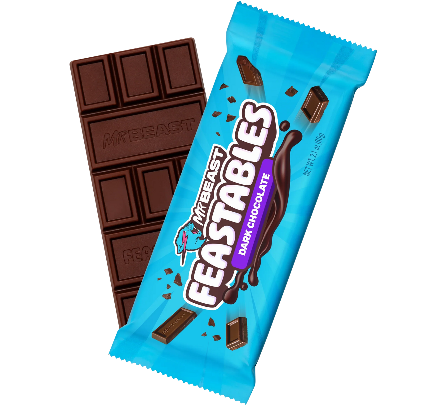 Milk chocolate MrBeast Feastables candy bar by Sweet Palace, wrapped in colorful packaging, on a plain background.