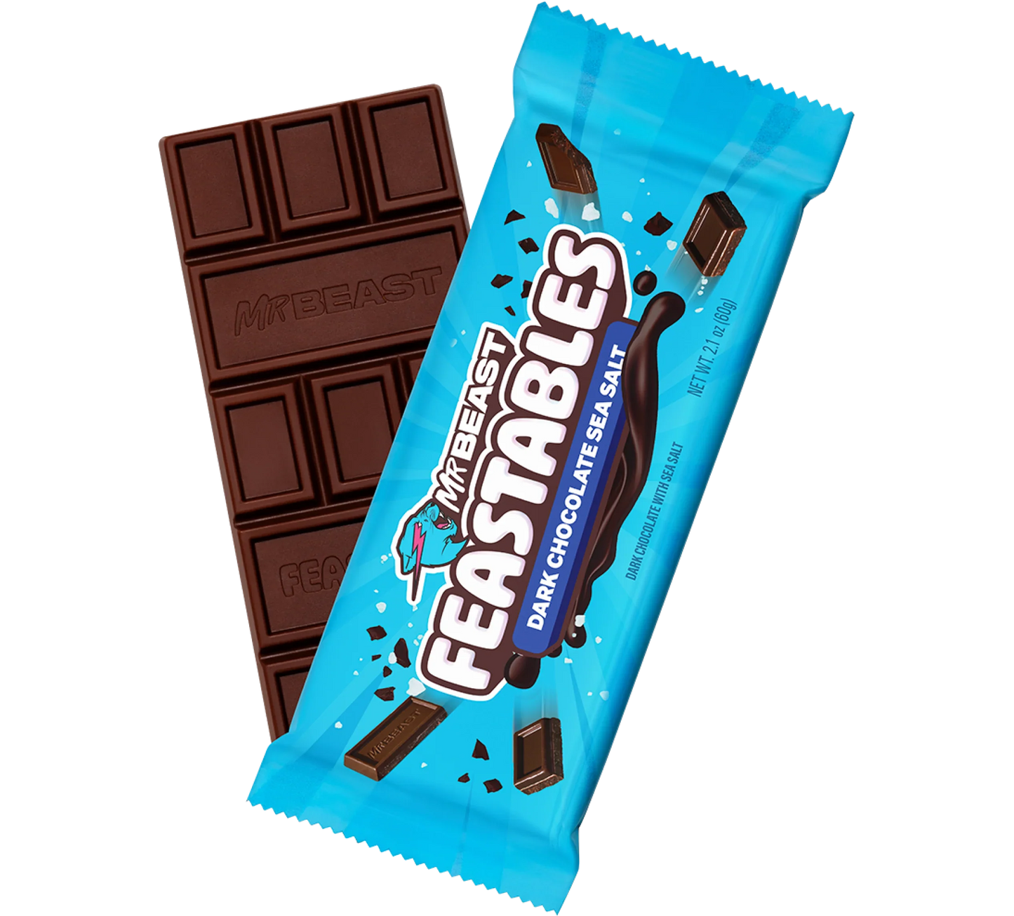 Milk chocolate bar from MrBeast Feastables by Sweet Palace, shown in a close-up image highlighting the packaging and chocolate texture.