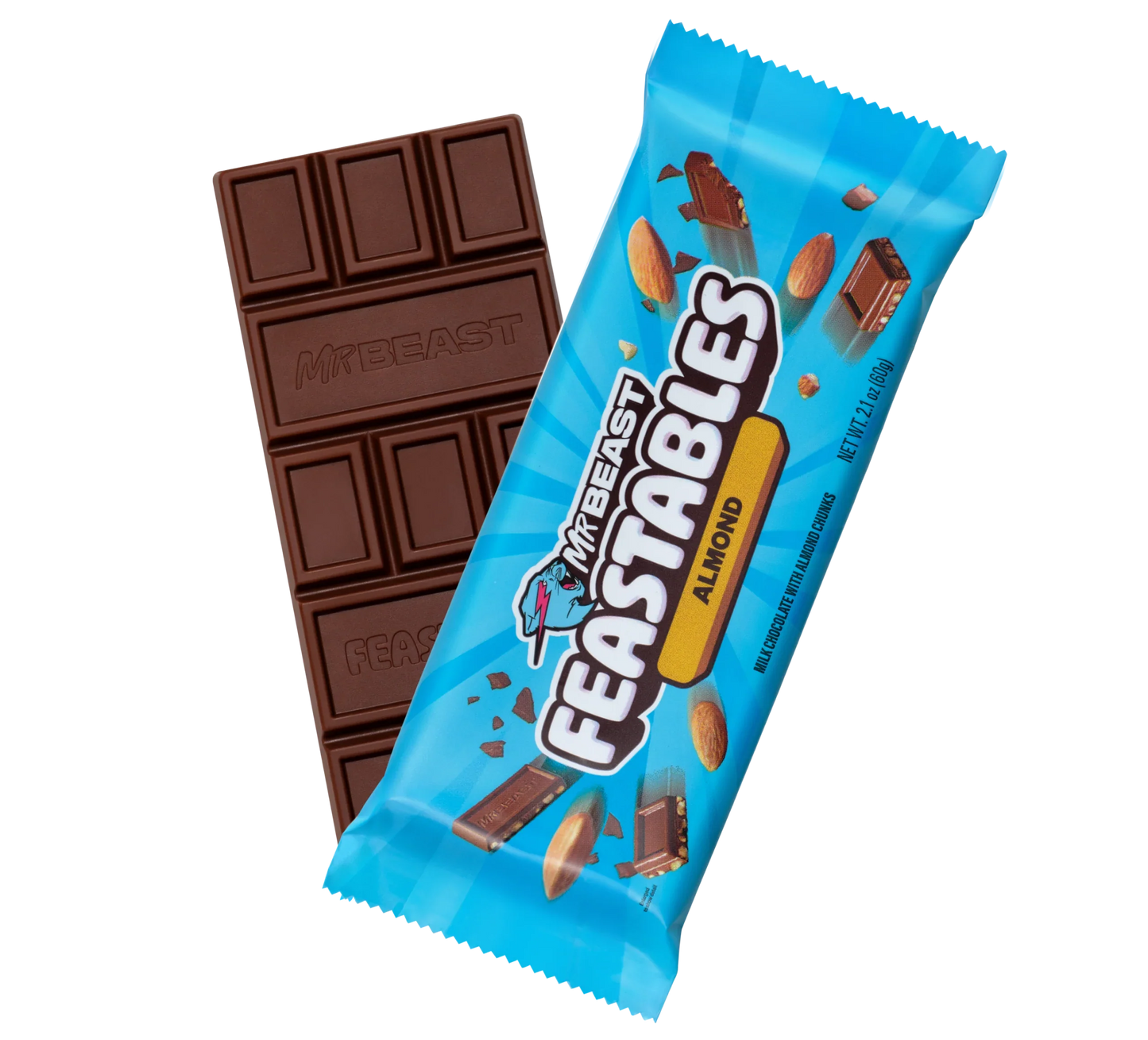 Milk chocolate MrBeast Feastables candy bar by Sweet Palace, wrapped in shiny packaging with a chocolate logo and branding.