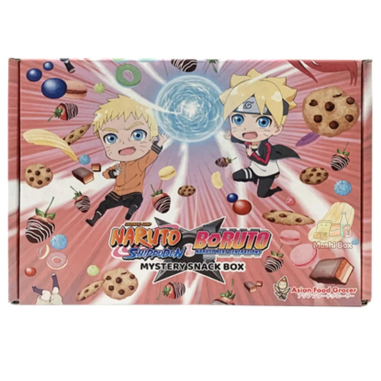 Naruto and Boruto themed mystery snack box from Sweet Palace with colorful packaging and assorted snacks inside.