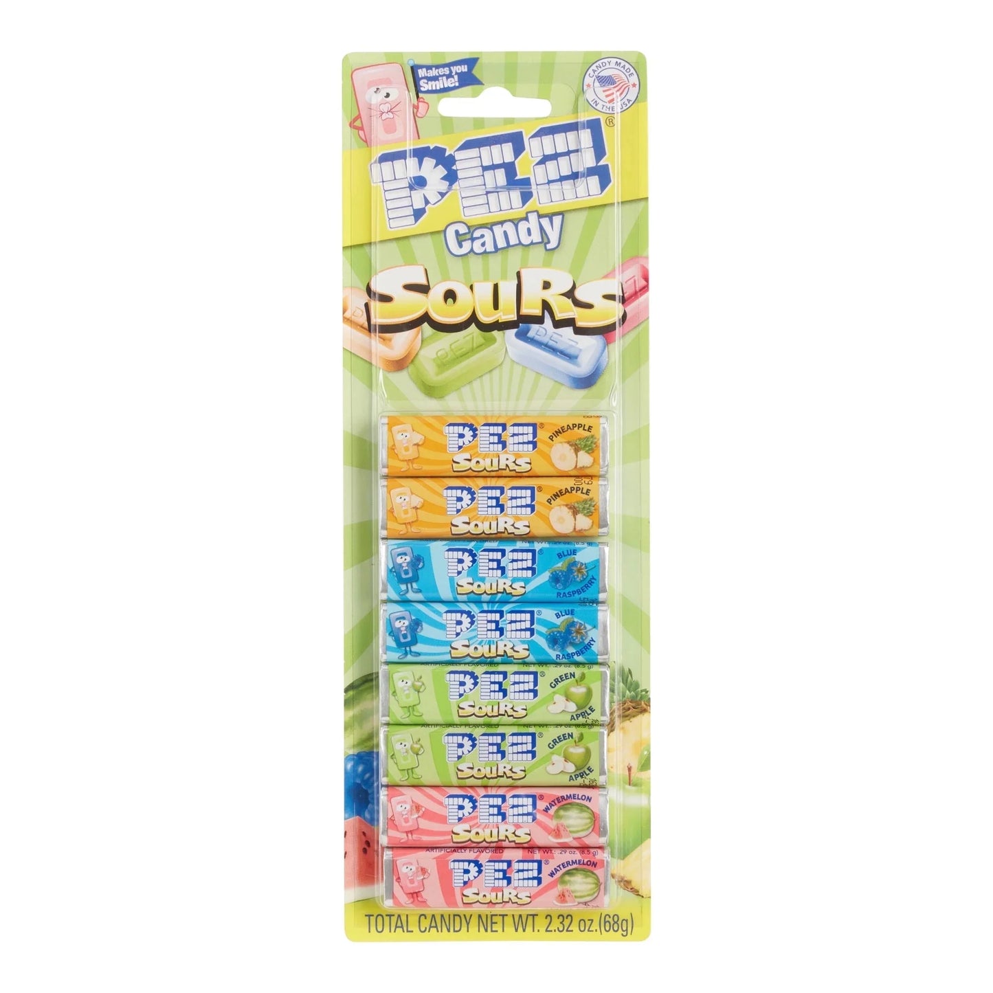 Assorted fruit-flavored PEZ candies in an 8-pack refill from Sweet Palace, showing colorful candy pieces in clear packaging.