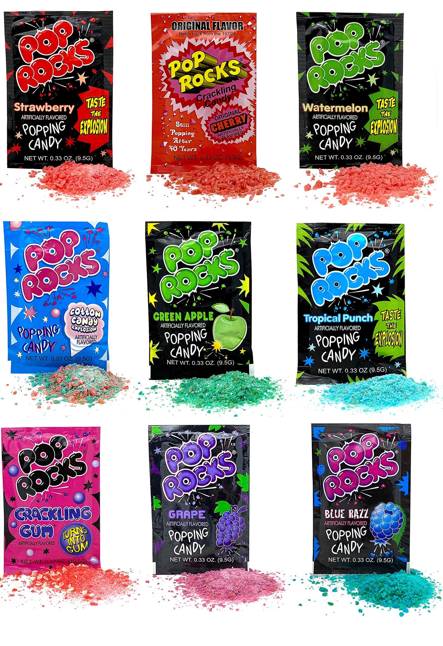 Sweet Palace cherry Pop Rocks popping candy in a clear jar, showing vibrant red candy crystals ready to pop in your mouth.