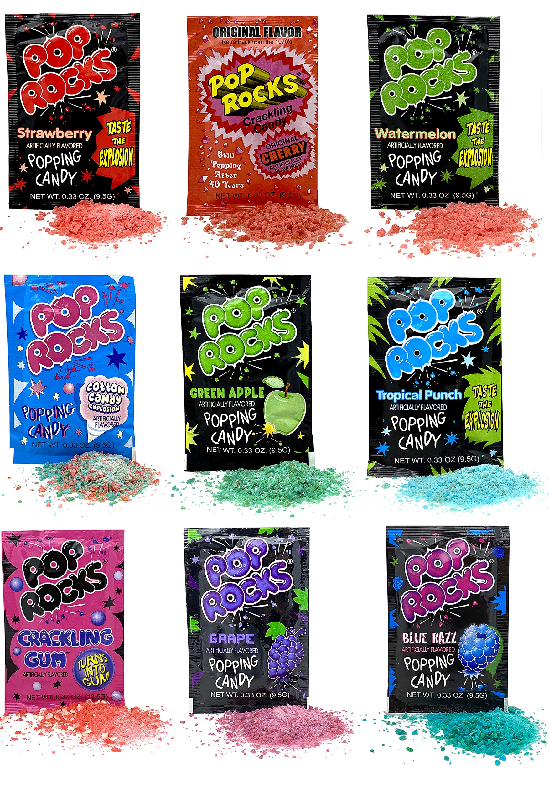 Sweet Palace cherry Pop Rocks popping candy in a clear jar, showing vibrant red candy crystals ready to pop in your mouth.