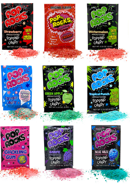 Sweet Palace cherry Pop Rocks popping candy in a clear jar, showing vibrant red candy crystals ready to pop in your mouth.
