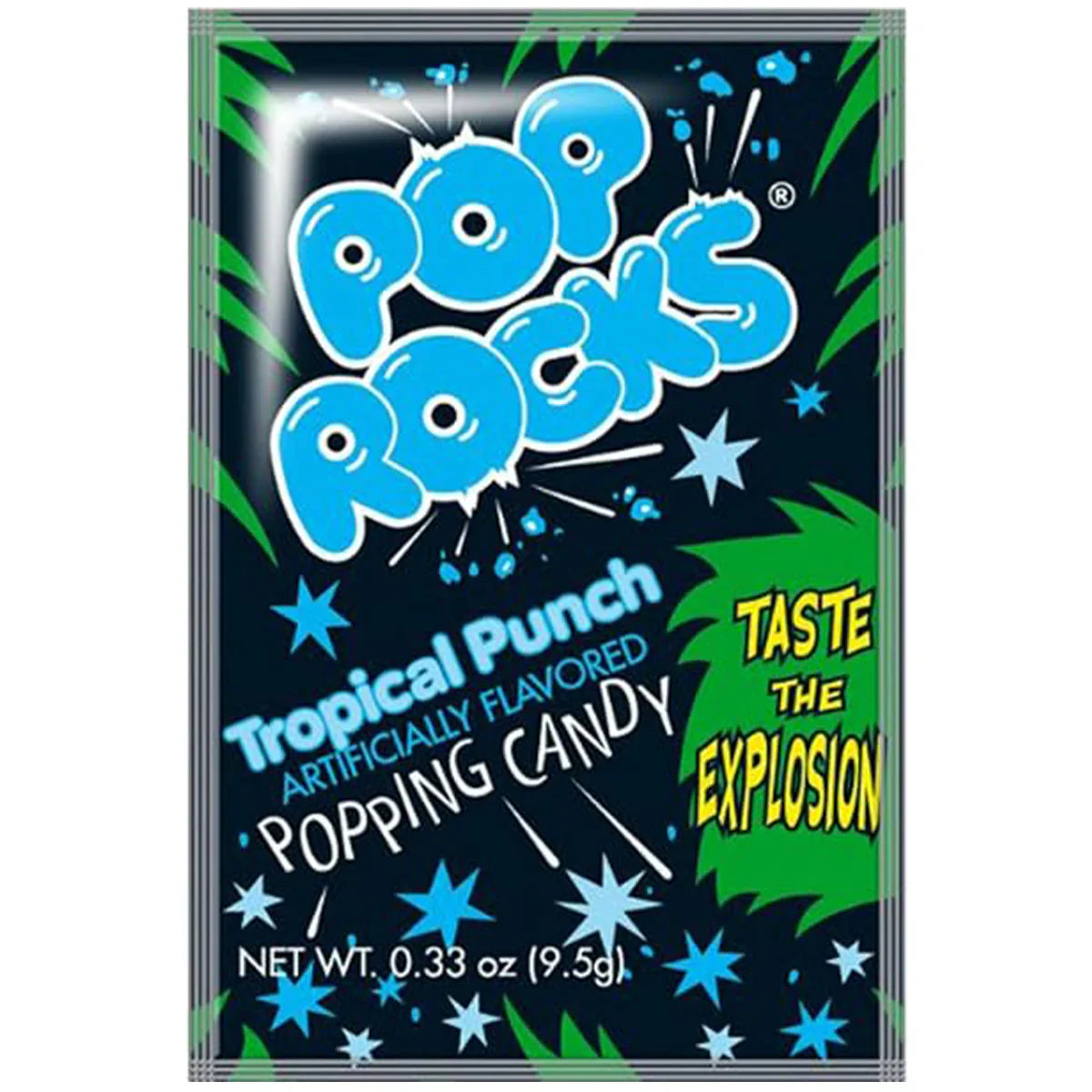 Sweet Palace cherry Pop Rocks popping candy in a clear container with colorful packaging, showing the fizzy candy inside.