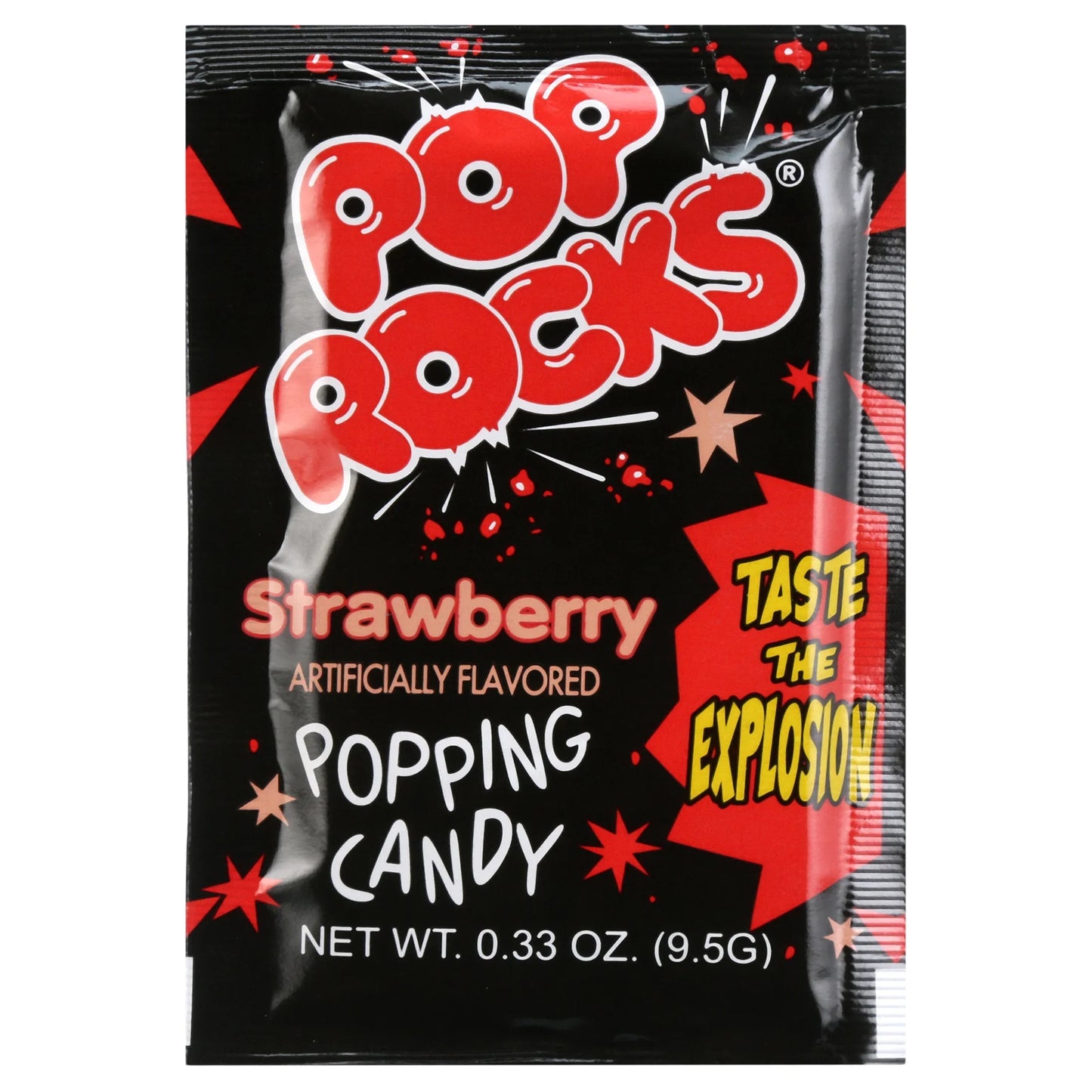 Sweet Palace cherry Pop Rocks popping candy in a clear container, showing the colorful, fizzy candy grains.