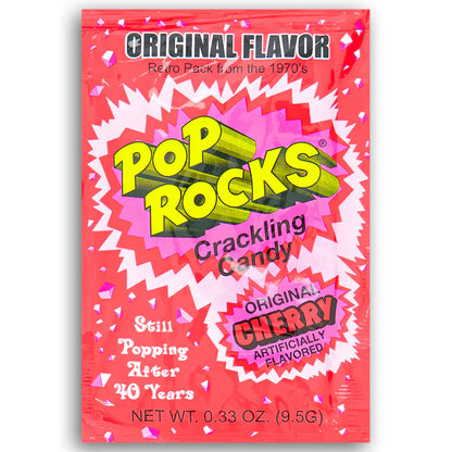 Sweet Palace Cherry Pop Rocks popping candy in a clear container, showing colorful granules and vibrant packaging.