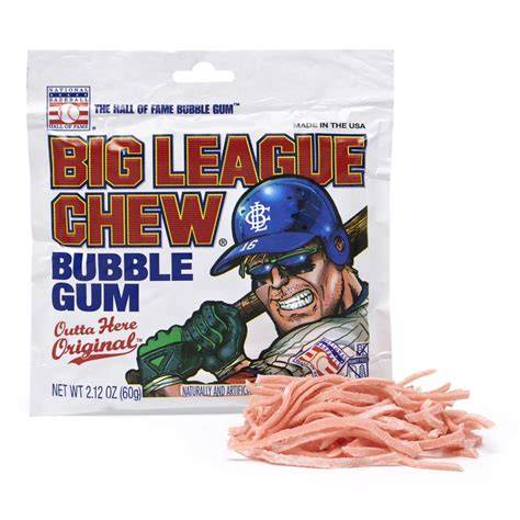 Sweet Palace Big League Chew bubble gum pouch with colorful packaging and shredded gum pieces on a white background.