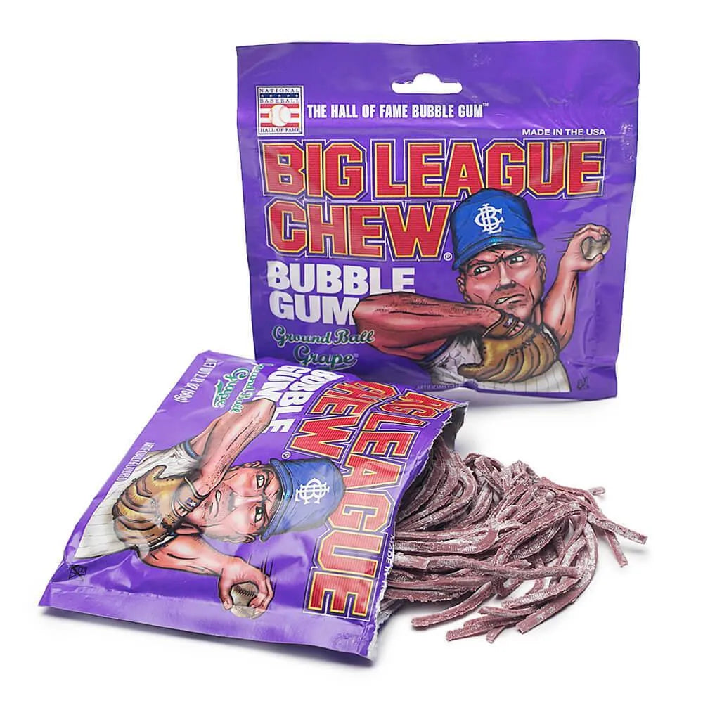 Sweet Palace Big League Chew "Outta Here" bubblegum pouch with colorful packaging and torn bubblegum pieces inside.