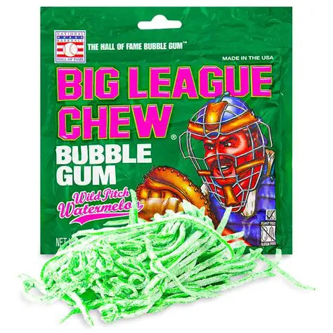 Sweet Palace Outta Here Big League Chew bubble gum in packaging, soft shredded chew with baseball-themed branding.