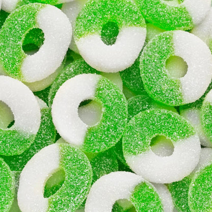 Sweet Palace peach gummy rings, colorful and chewy candy, displayed in a close-up view showing their vibrant texture and shape.
