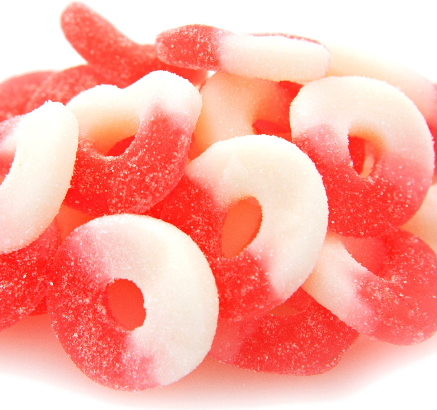 Sweet Palace peach gummy rings, colorful chewy candy with a fruity peach flavor, shown in a close-up image.