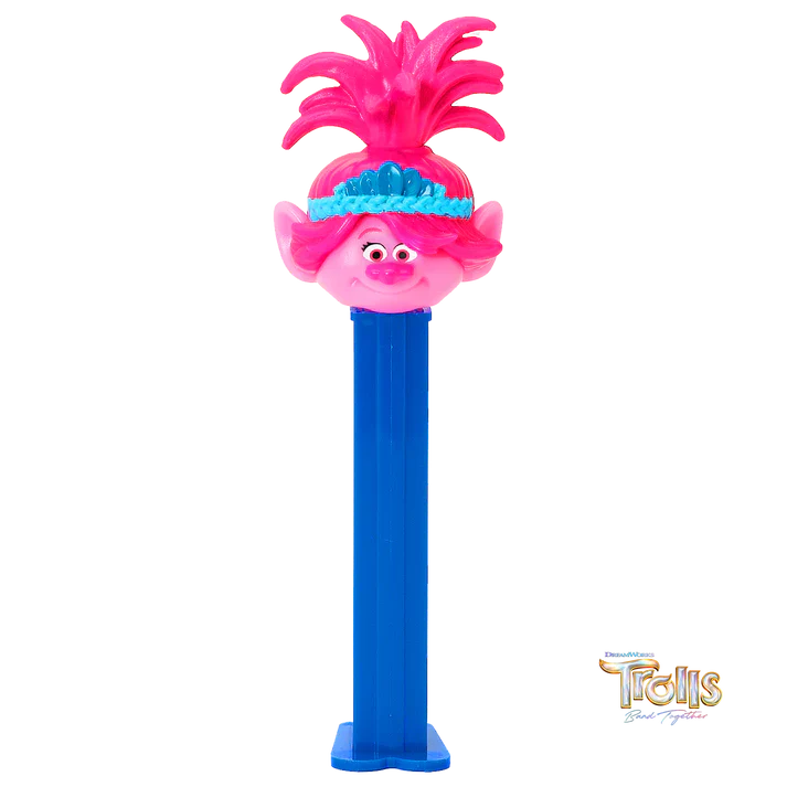 PeZ Trolls candy dispenser featuring Poppy character from Sweet Palace, with colorful Trolls-themed design.