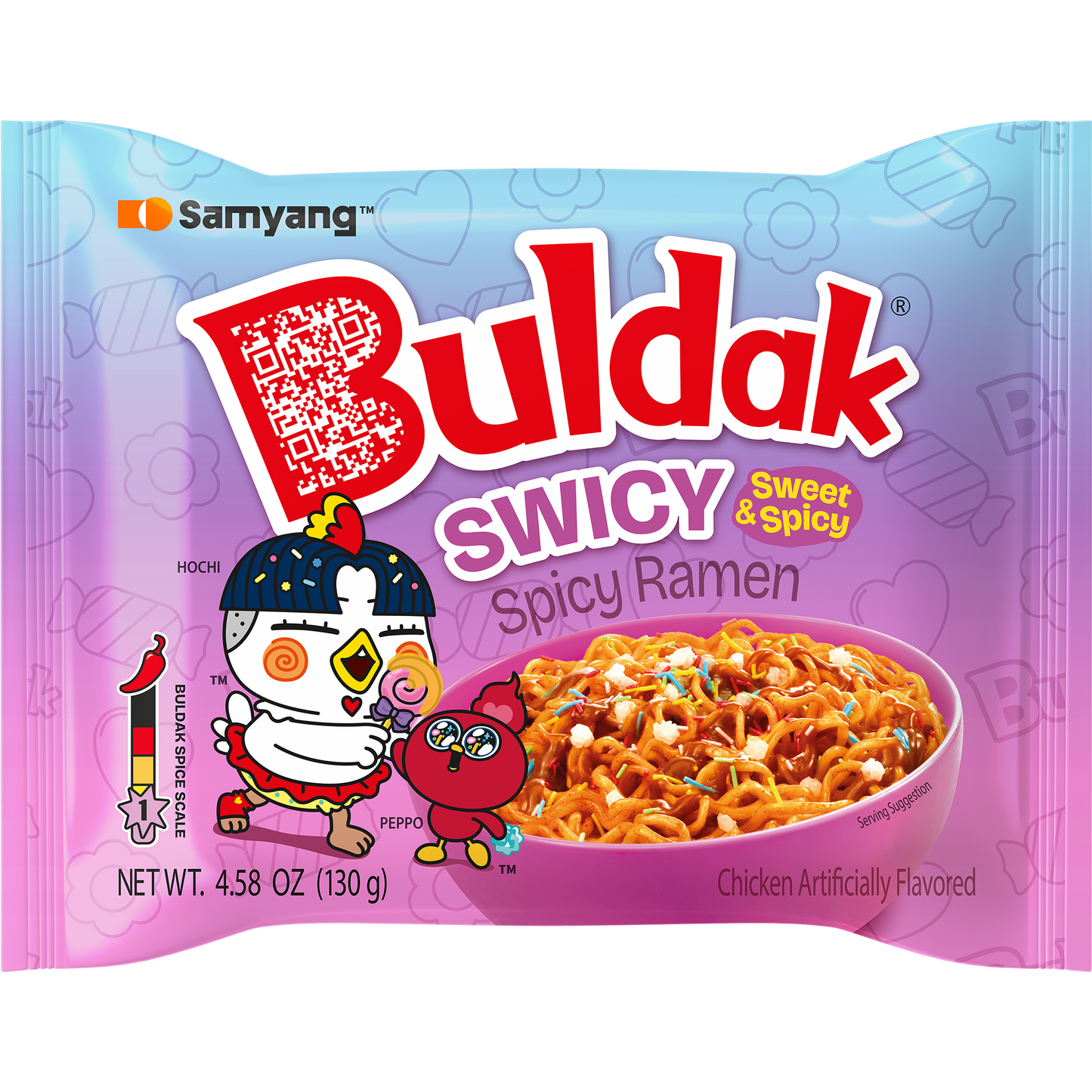 Spicy Buldak Swicy ramen in a bowl by Sweet Palace with noodles, sauce, and toppings visible in the image.