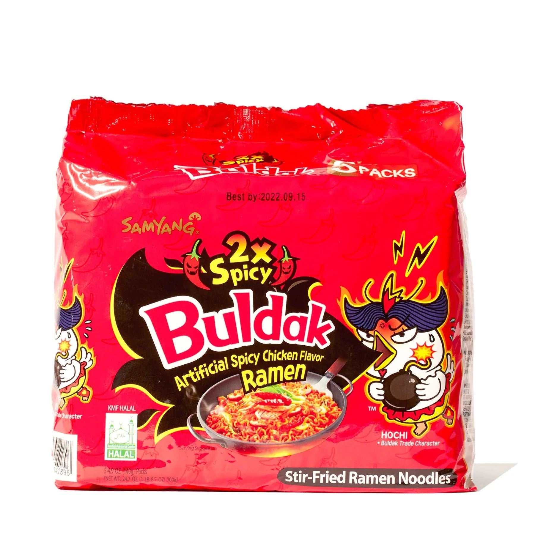 Sweet Palace Buldak Ramen 2X Spicy Flavor 5-pack, instant ramen noodles with fiery spicy taste, in colorful packaging.