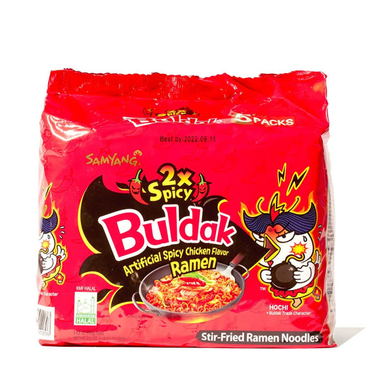 Spicy Buldak Ramen 2X flavor from Sweet Palace in a 5-pack, featuring fiery instant ramen noodles with bold seasoning.