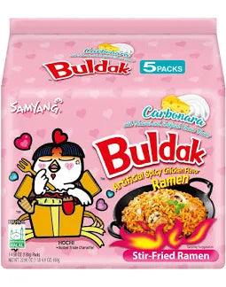Sweet Palace Buldak Ramen Carbonara flavor 5-pack, spicy Korean instant noodle ramen with creamy carbonara sauce.