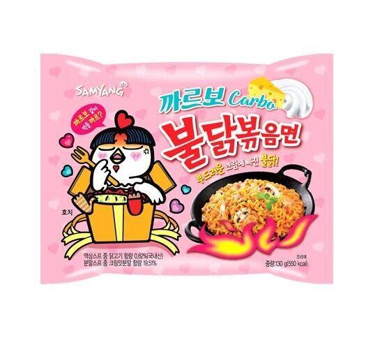 Buldak Ramen Carbonara flavor single pack from Sweet Palace, showing spicy ramen noodles in a bowl with creamy sauce and garnishes.