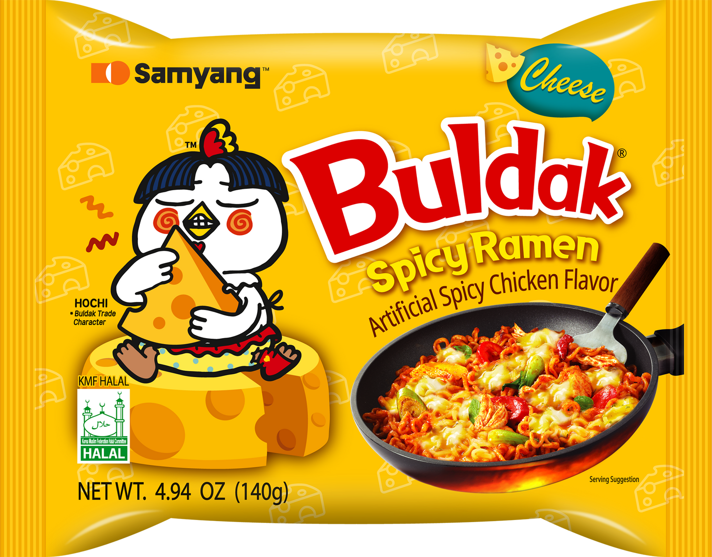 Single Buldak Ramen Cheese flavor from Sweet Palace, spicy Korean ramen noodle package with cheese seasoning visible.