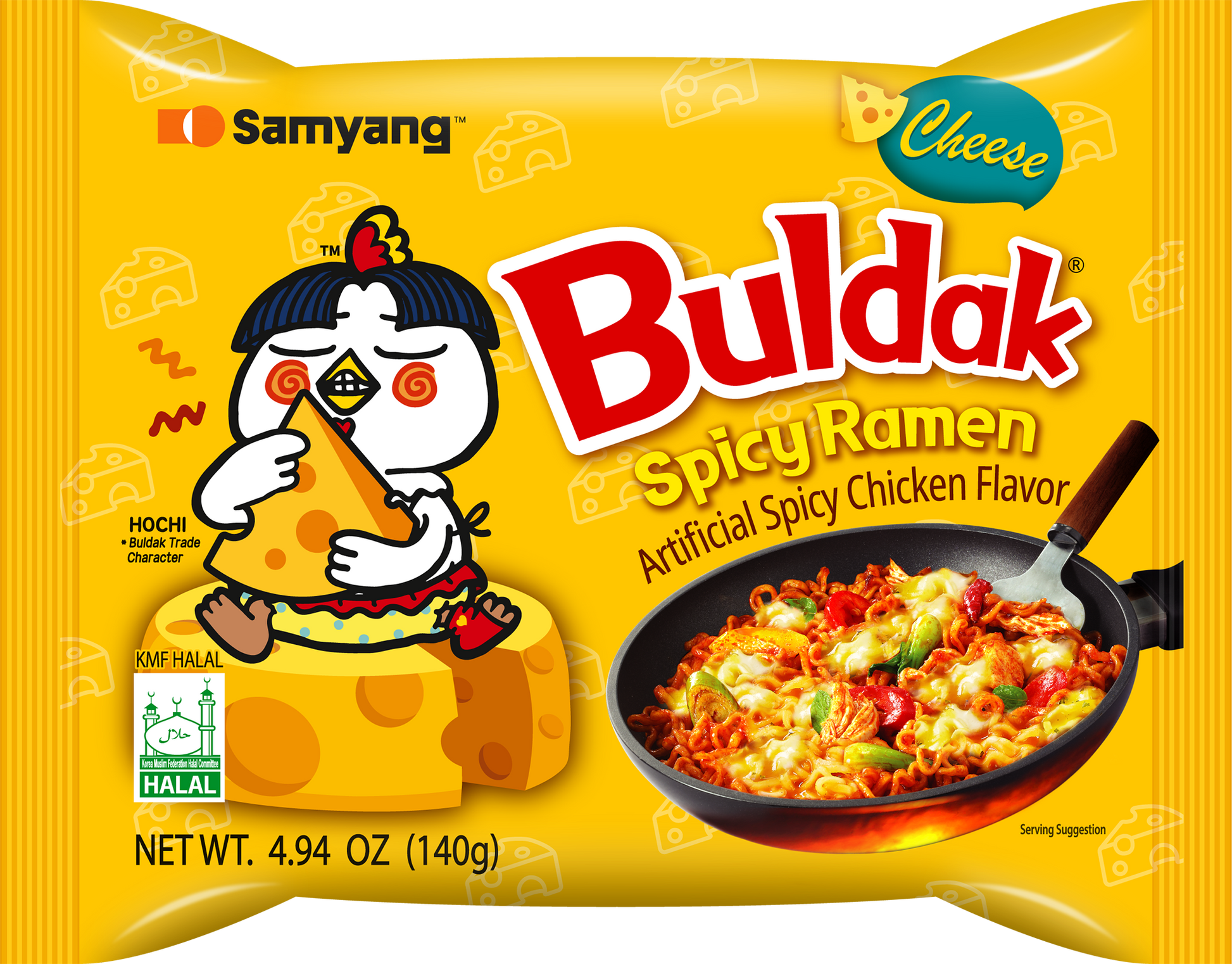Single Buldak Ramen Cheese flavor from Sweet Palace, spicy Korean ramen noodle package with cheese seasoning visible.