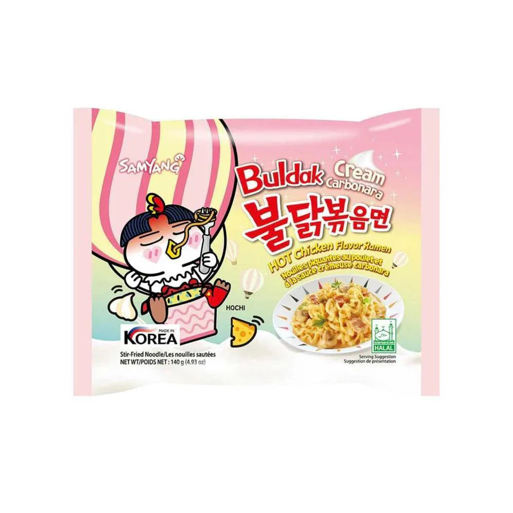 Sweet Palace Buldak Ramen Cream Carbonara Flavor in a colorful bowl with noodles, sauce, and toppings, ready to serve.