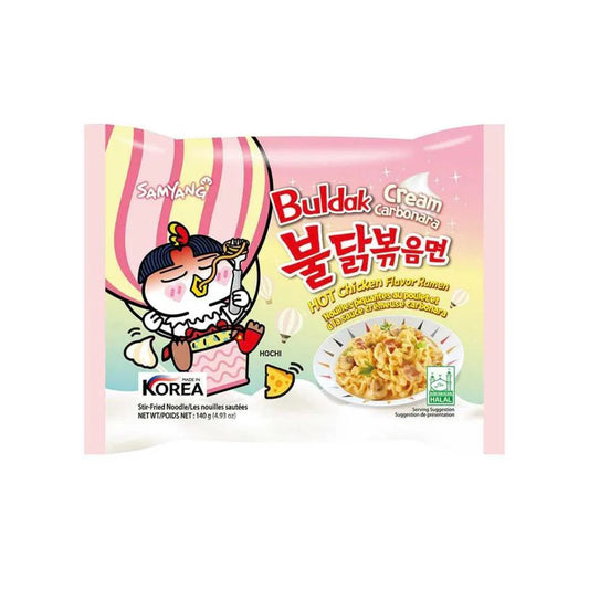 Sweet Palace Buldak Ramen Cream Carbonara flavor in a bowl, showcasing spicy creamy ramen noodles with a rich sauce and garnishes.