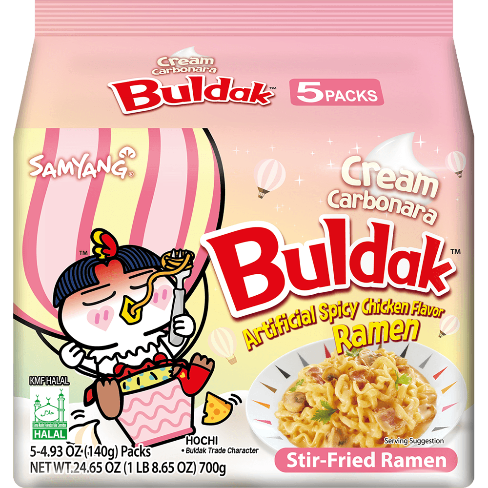 Sweet Palace Buldak Ramen Cream Carbonara flavor 5-pack, spicy Korean instant ramen with creamy sauce, ready to enjoy.