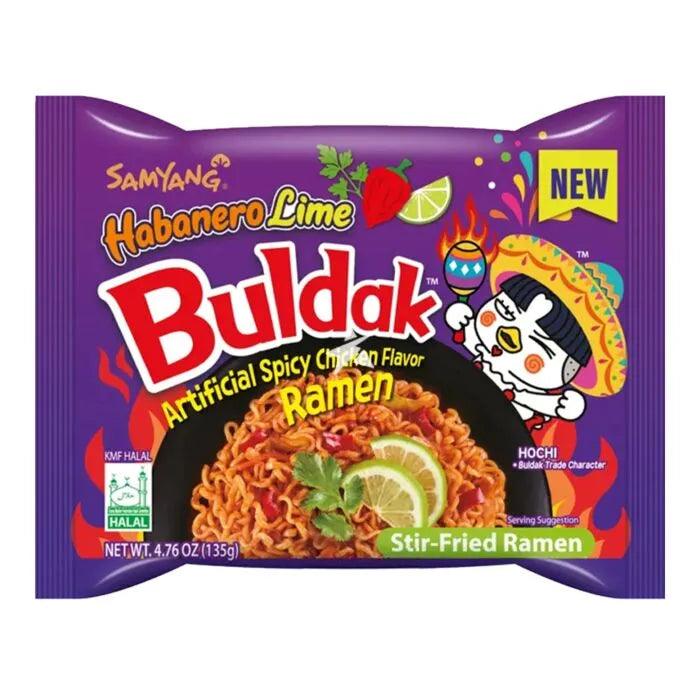 Spicy Buldak Ramen by Sweet Palace with habanero lime flavor, showing the ramen noodles and spicy seasoning packet.