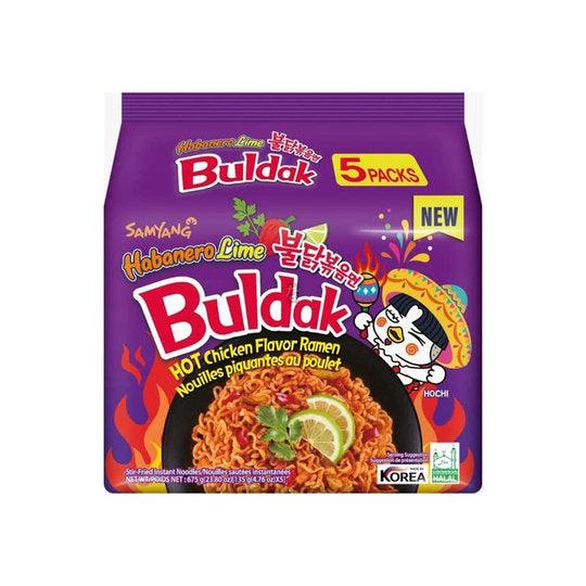 Five-pack of Sweet Palace Buldak Ramen Habanero Lime flavor with spicy noodles and vibrant packaging.