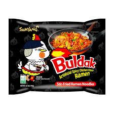 Spicy Buldak Ramen Original Flavor single pack by Sweet Palace, featuring steaming ramen noodles in a flavorful broth
