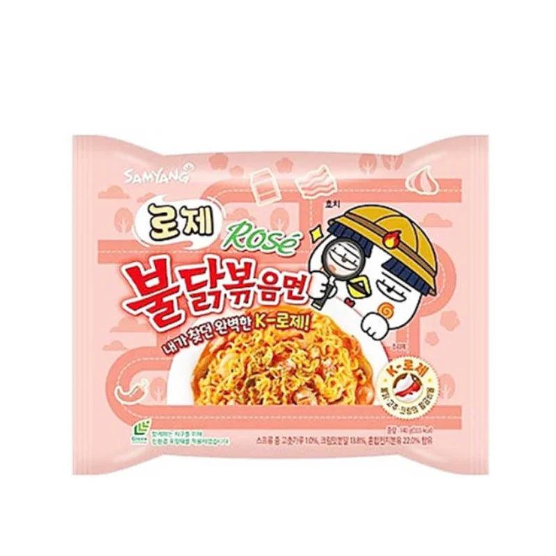 Buldak Ramen Rose Flavor by Sweet Palace, spicy Korean instant ramen with a vibrant pink broth and noodles in a bowl.