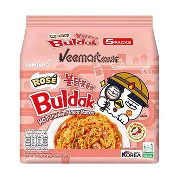 Sweet Palace Buldak Ramen Rose Flavor 5-pack, spicy Korean ramen noodles with vibrant pink packaging and steaming bowls.