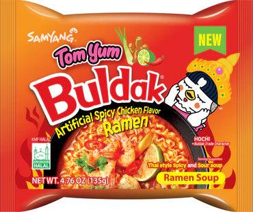 Spicy Buldak Ramen Tom Yum flavor by Sweet Palace featuring a bowl of fiery, flavorful chicken ramen with herbs and chili peppers.