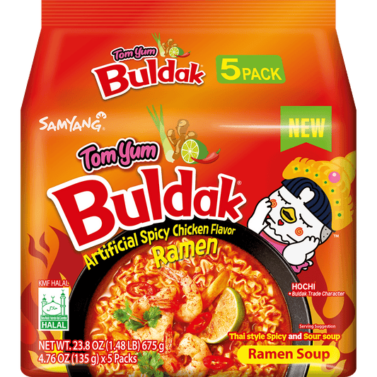 Spicy Buldak Ramen Tom Yum flavor 5-pack by Sweet Palace featuring fiery chicken-flavored ramen noodles in colorful packaging.
